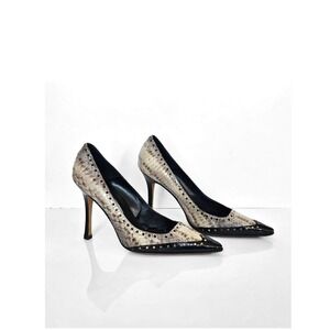 Manolo Blahnik Snakeskin Wingtip Pointed Toe Pumps Black Patent Trim Gray Sz 39